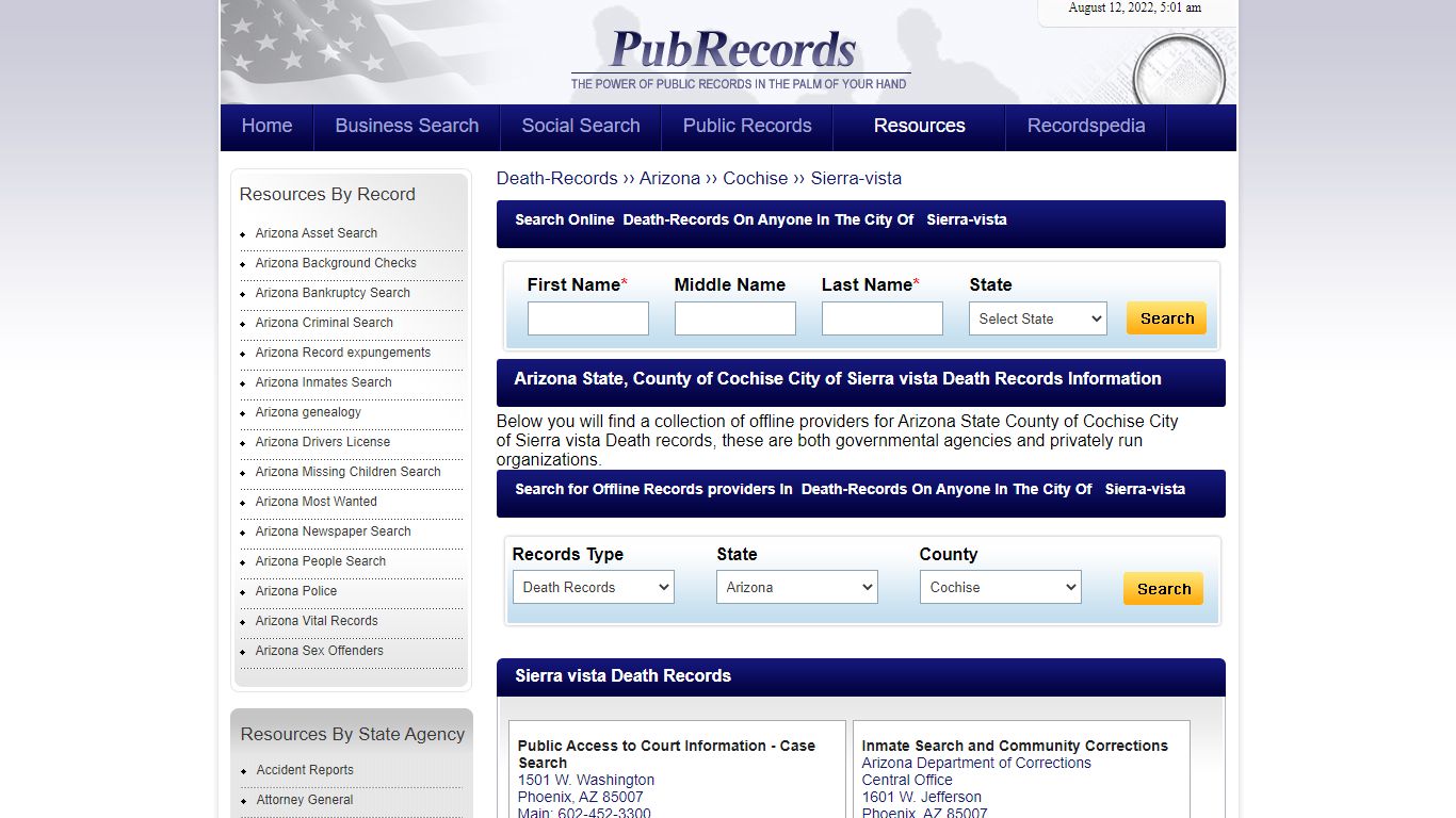Sierra vista, Cochise County, Arizona Death Records